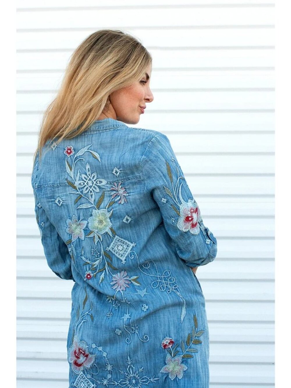 Karyn Seo Floral Embroidered Long Sleeve Button Front Denim Dress - Picture 3 of 5